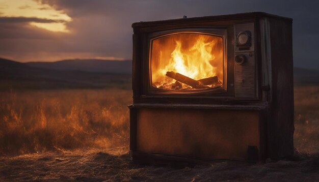 Un televisore vintage senzatetto tenuto tra la strada sotto il fuoco