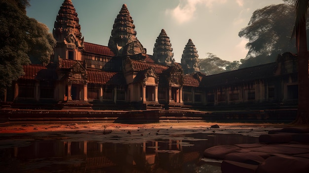 Un tempio ad Angkor Wat è circondato dall'acqua e il sole sta tramontando.