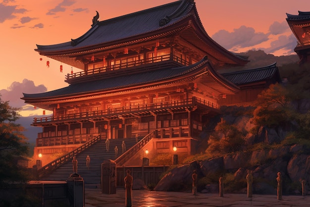 Un tempio cinese con un ponte sullo sfondo