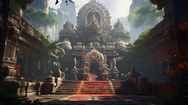 un tempio con un drago rosso sullo sfondo