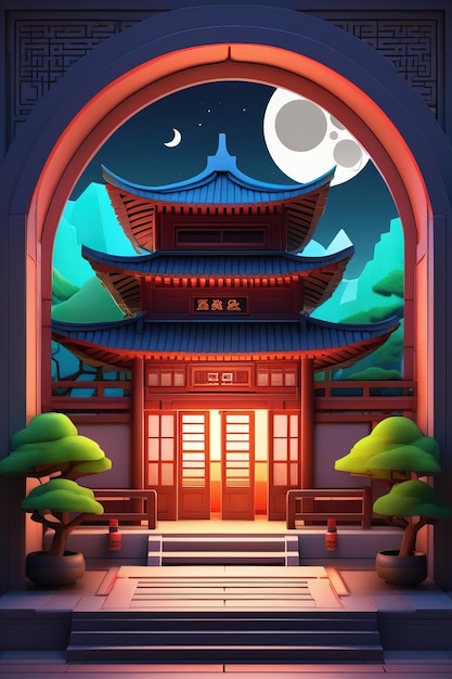 un tempio con una porta rossa e un cielo blu.