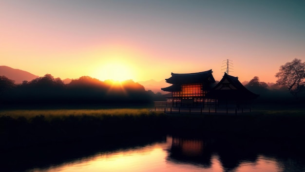 Un tempio giapponese al tramonto