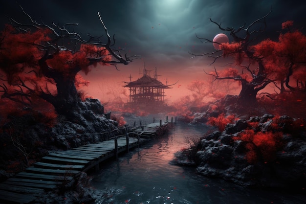 un tempio giapponese di notte con un ponte e alberi.