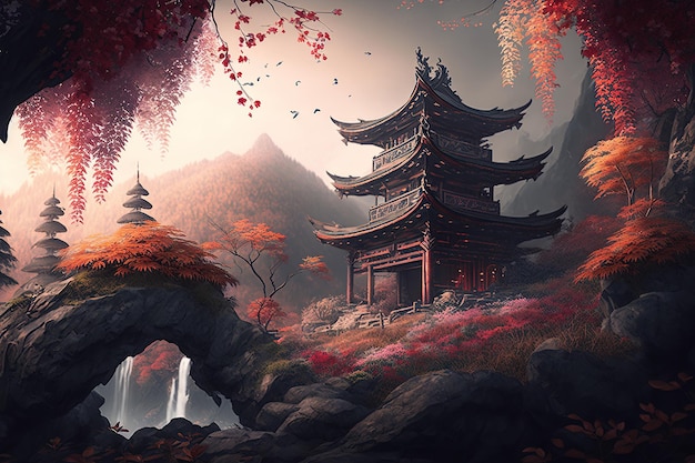 Un tempio giapponese in montagna con una cascata sullo sfondo