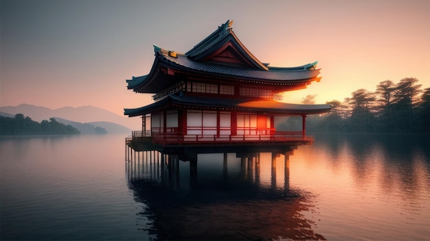 Un tempio giapponese sull'acqua con un tramonto sullo sfondo