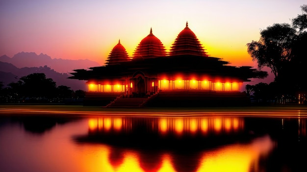 Un tempio illuminato al tramonto con le luci accese.