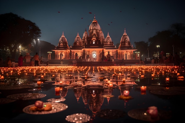 Un tempio indù con bellissime luci e acqua generate da Ai