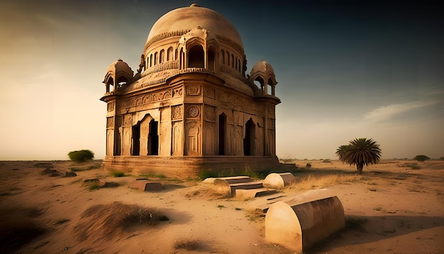 Un tempio nel deserto con il sole che splende in cima