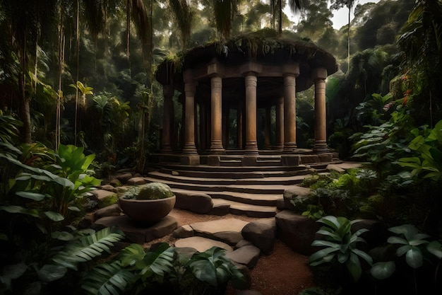 un tempio nella giungla con un sentiero di pietra e un vaso di vita vegetale.
