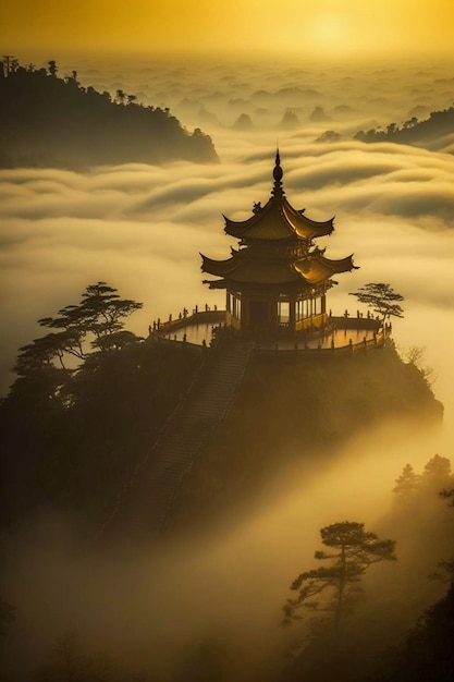 Un tempio tra le nuvole al tramonto