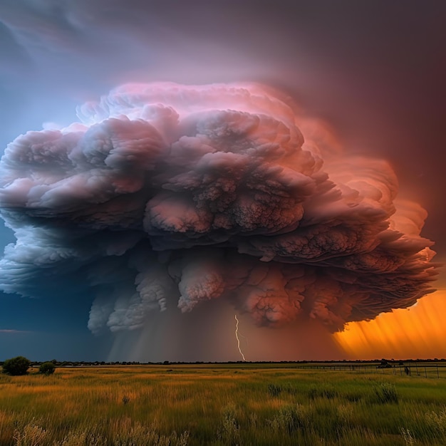 Un temporale con un cielo rosa e arancione e una nuvola con un fulmine in cima.