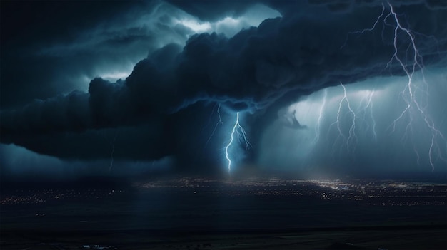 Un temporale con un cielo scuro e una città sullo sfondo