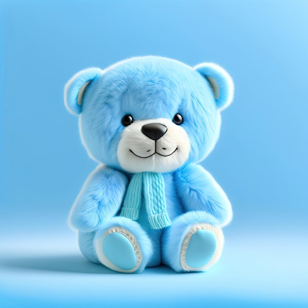 È un tenero orsetto di peluche azzurro su sfondo azzurro