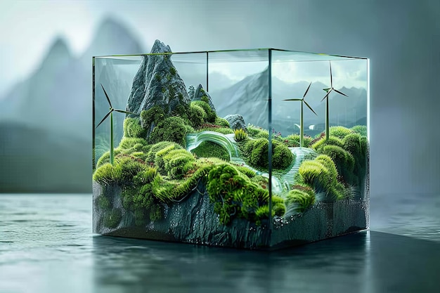 Un terrario di vetro con un paesaggio di muschio e rocce concetto di sostenibilità energetica