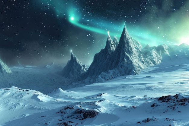 Un terreno ultraterreno con alte montagne e una luce verde eterea che illumina il cielo un mondo alieno coperto di ghiaccio con un'aurora luminosa generata dall'IA