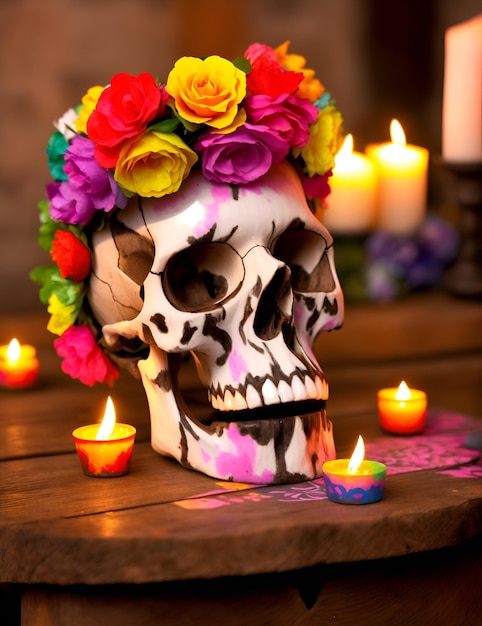 Un teschio con dei fiori sopra e una candela sullo sfondo
