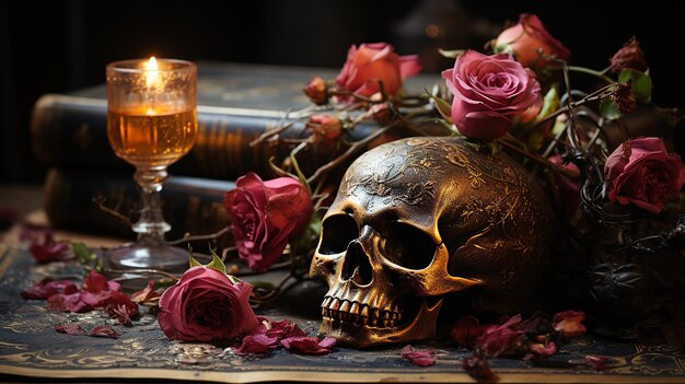 Un teschio con sopra un fiore e una candela sul tavolo