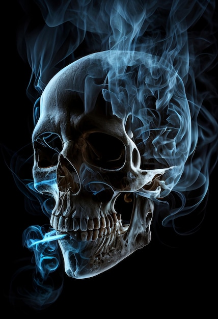 Un teschio con una sigaretta fuma in bocca