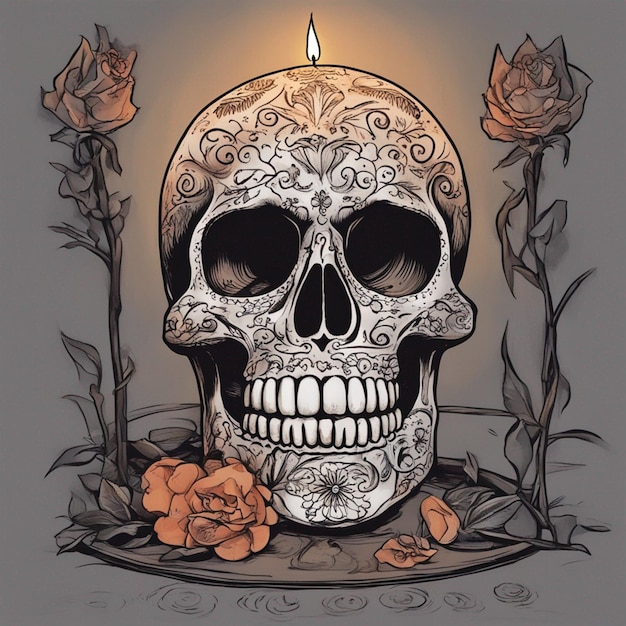 Un teschio illuminato da una candela aggiunge un tocco significativo alla carta da parati del festival Day of the Dead