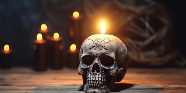 Un teschio illuminato da una candela onora le tradizioni del festival del Giorno dei Morti