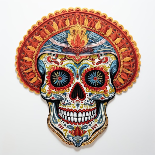 un teschio in sombrena che indossa colori messicani nello stile di illustrazioni molto dettagliate