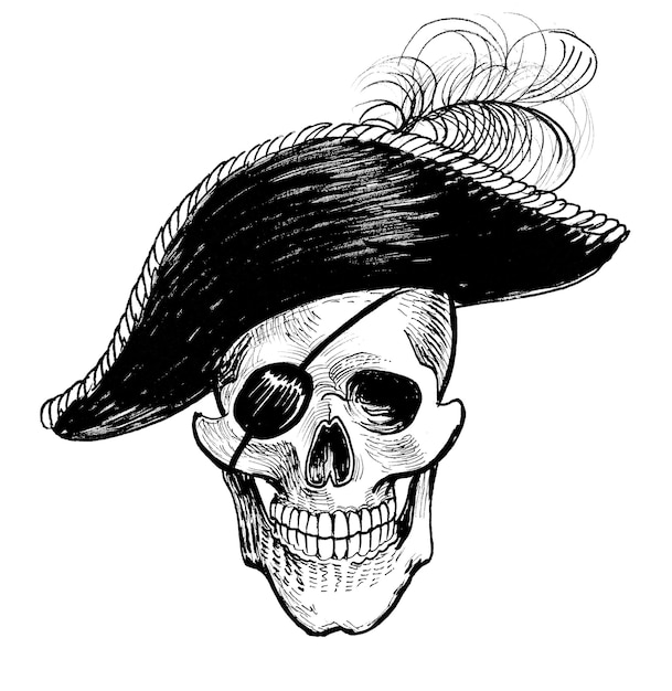 Un teschio pirata con un cappello piumato