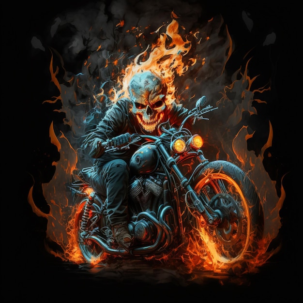 Un teschio su una motocicletta con fiamme sul viso