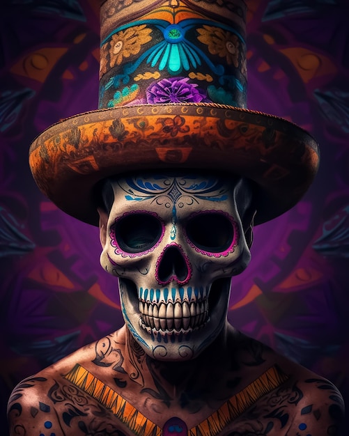 Un teschio tatuaggio colorato messicano che indossa un cappello tradizionale e fiori su di esso