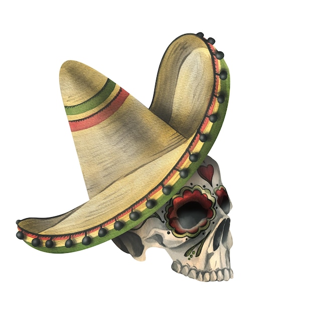 Un teschio umano con un ornamento in un cappello sombrero Illustrazione dell'acquerello disegnato a mano per il giorno dei morti halloween Dia de los muertos Oggetto isolato su sfondo bianco