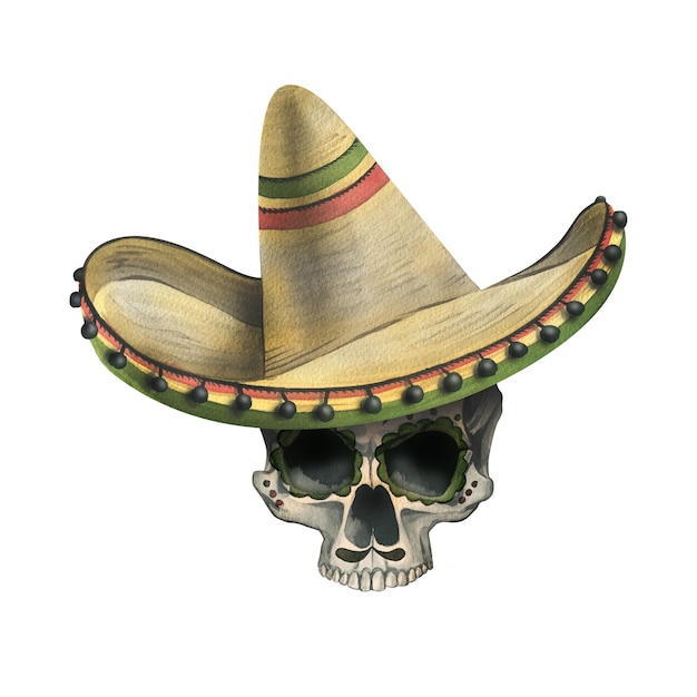 Un teschio umano senza mascella inferiore con un ornamento in un cappello sombrero Illustrazione dell'acquerello disegnato a mano per il giorno dei morti halloween Dia de los muertos Oggetto isolato su sfondo bianco