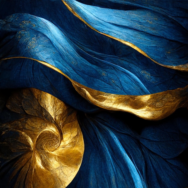 Un tessuto blu e oro con un disegno a spirale.