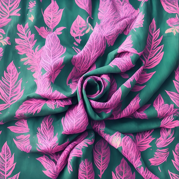 Un tessuto verde e rosa con un fiore rosa e un disegno di piume rosa.