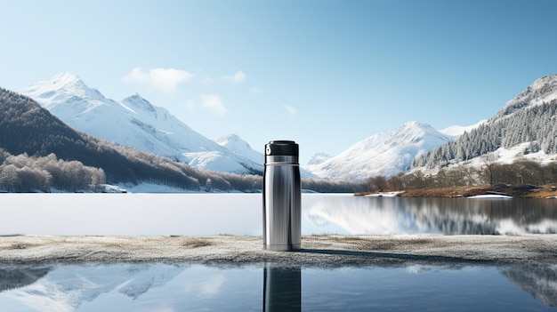 un thermo mug thermos in piedi su una roccia in mezzo alle montagne e un lago in una giornata di sole uno stile moderno minimalista per evidenziare la serenità e la semplicità della scena di escursione