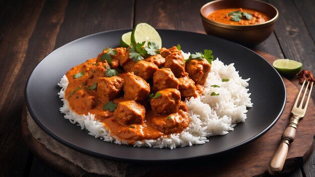 Un tikka masala di pollo splendidamente placcato al vapore con ricche spezie aromatiche si trova in cima a un woo scuro