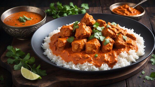 Un tikka masala di pollo splendidamente placcato al vapore con ricche spezie aromatiche si trova in cima a un woo scuro