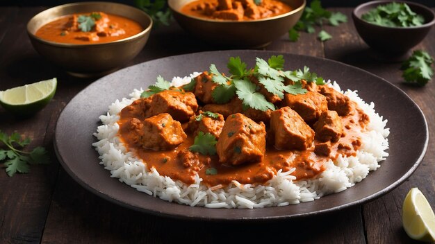 Un tikka masala di pollo splendidamente placcato al vapore con ricche spezie aromatiche si trova in cima a un woo scuro