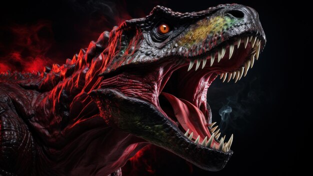 Un tirannosauro rex ringhia rabbiosamente dall'oscurità