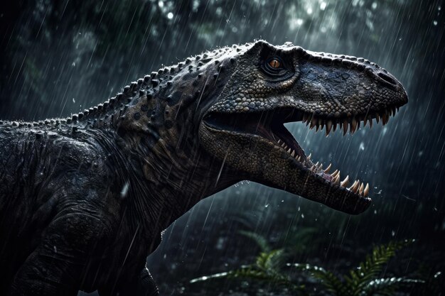 Un tirannosauro rex sotto la pioggia