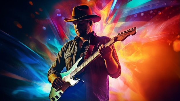 un tizio con un cappello in piedi con una chitarra su uno sfondo colorato