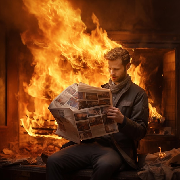 Un tizio legge un giornale in fiamme