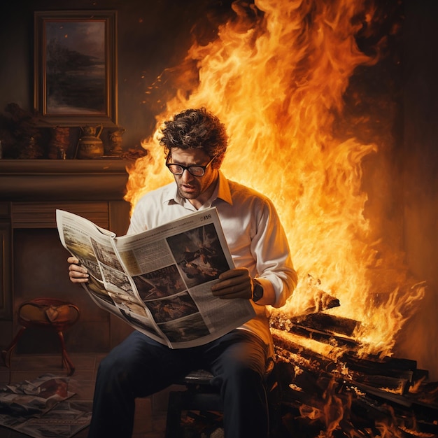 Un tizio legge un giornale in fiamme