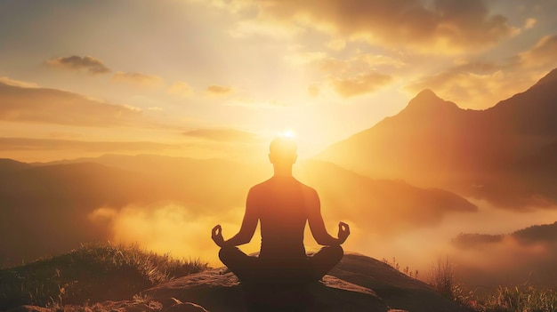 Un tizio medita e fa yoga sullo sfondo delle montagne e del tramonto.