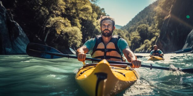 Un tizio scende su un fiume di montagna in un kayak.