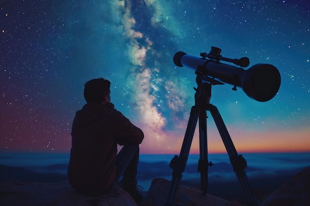 Un tizio seduto fuori e guardando attraverso un grande telescopio al cielo notturno pieno di stelle Ai generativo