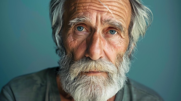 Un toccante ritratto di un uomo anziano con una lunga barba bianca e occhi blu indossa una camicia semplice e ha uno sguardo invecchiato sul viso