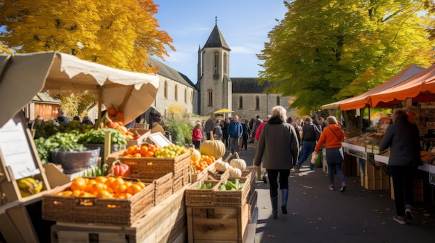 Un tocco di magia autunnale che trasforma la tranquilla piazza di un villaggio in un incantevole mercato del raccolto