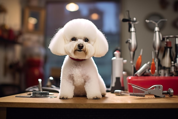 Un toelettatore che taglia la pelliccia di un bichon con le forbici ha generato ai