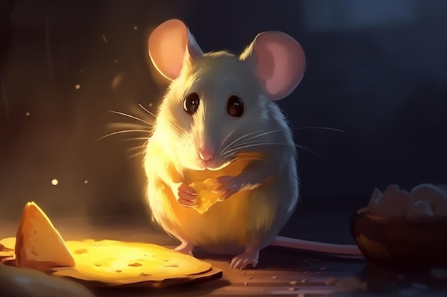 Un topo che mangia un pezzo di formaggio