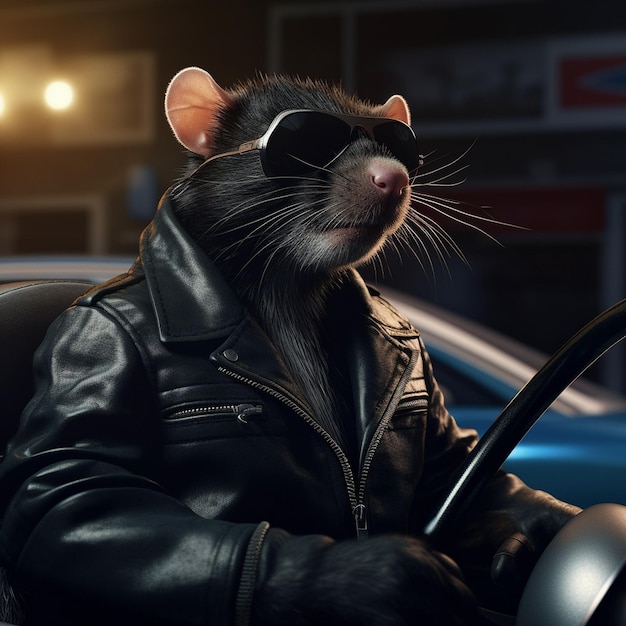 Un topo con gli occhiali da sole guida una grande macchina nera