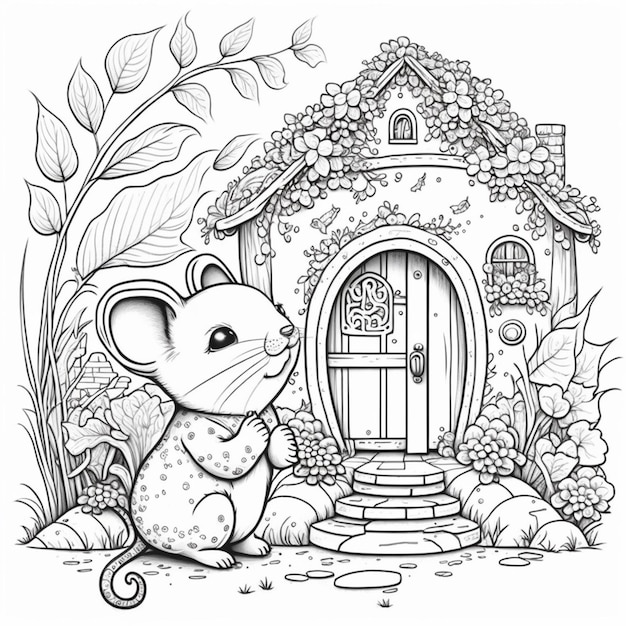 un topo è seduto davanti a una casa con una porta che genera ai